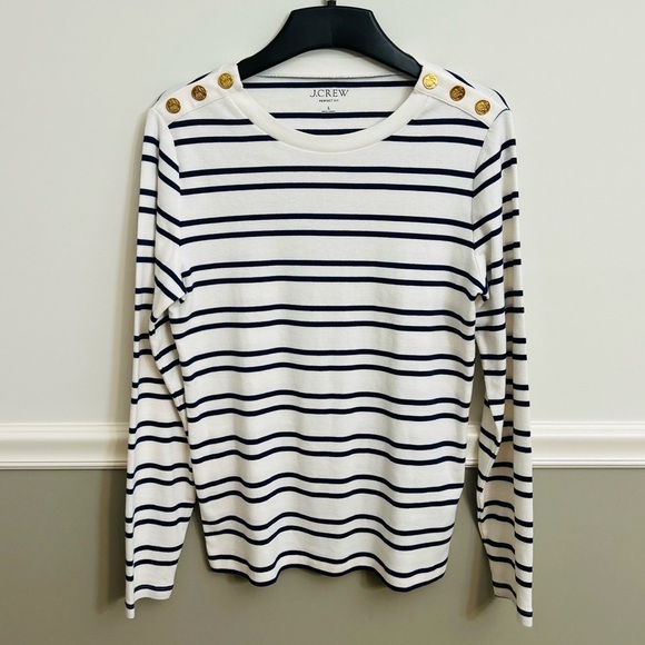 J. Crew Navy White Perfect Fit Long Sleeve Crewneck Top Lion Buttons Size Large - Picture 1 of 9